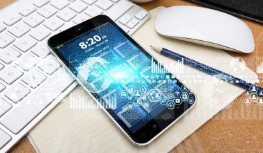 Modern cep telefonu beyaz dijital grafikler ve ekran arayüzü