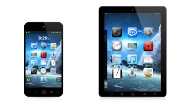 Modern dijital telefon ve beyaz zemin üzerine tablet