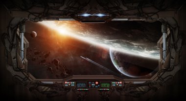 Uzay ve gezegenler bir uzay istasyonundan penceresi görünümü