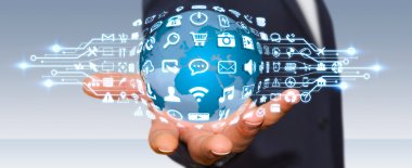 Dijital dünya ile web simgeleri kullanarak iş adamı