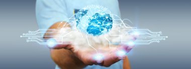 Dünya ve bulut bağlantıları içinde iş adamı el