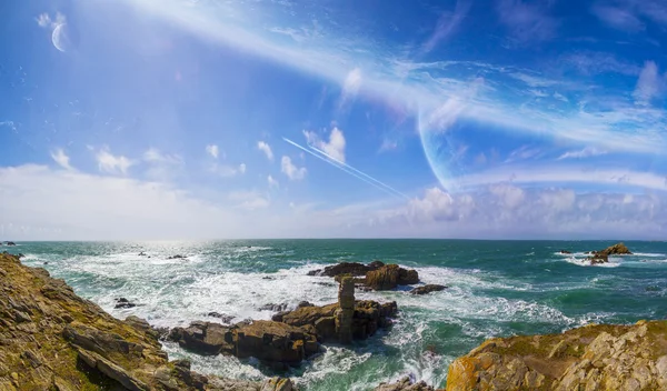 Weergave van verre planeet systeem van kliffen — Stockfoto