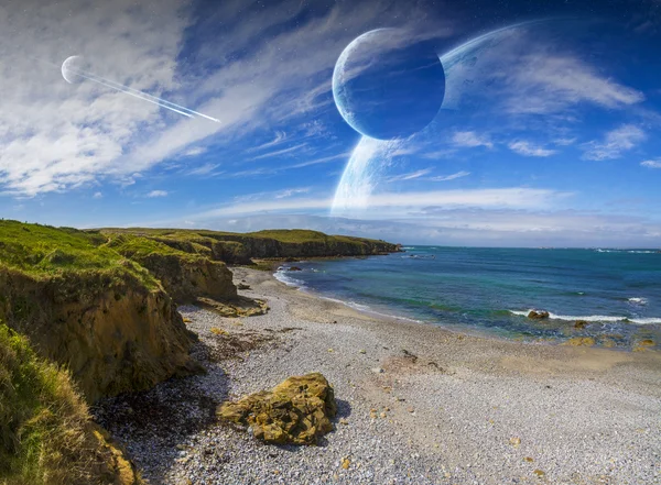 Blick von Klippen auf fernes Planetensystem — Stockfoto