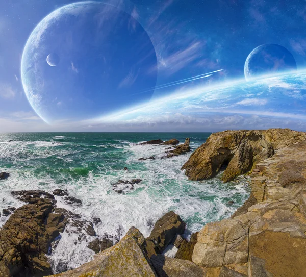 Vista del lejano sistema planetario desde los acantilados —  Fotos de Stock