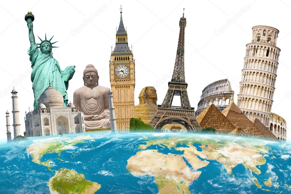 Famous landmarks of the world surrounding planet Earth