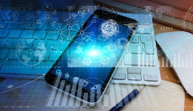 Modern cep telefonu beyaz dijital grafikler ve ekran arayüzü