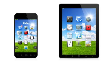 Modern dijital telefon ve beyaz zemin üzerine tablet