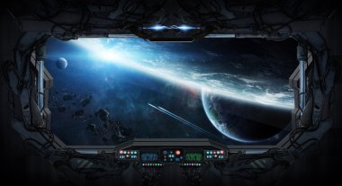 Uzay ve gezegenler bir uzay istasyonundan penceresi görünümü