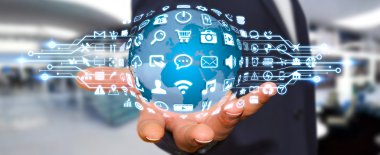Dijital dünya ile web simgeleri kullanarak iş adamı