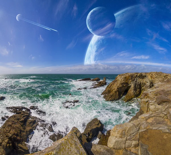 Blick von Klippen auf fernes Planetensystem — Stockfoto