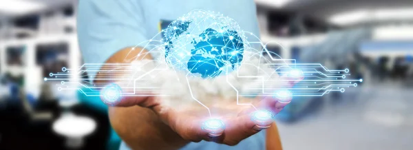 Wereld en cloud verbindingen in zakenman hand — Stockfoto