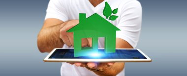 3D Eko ev ve enerji verimliliği tutan işadamı
