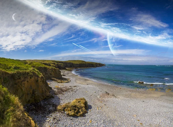 View of distant planet system from cliffs — Stock Photo, Image