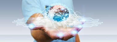Dünya ve bulut bağlantıları içinde iş adamı el