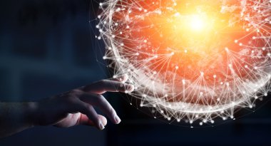 Onun finge ile dijital dokunsal dünya arabirimini kullanarak iş adamı