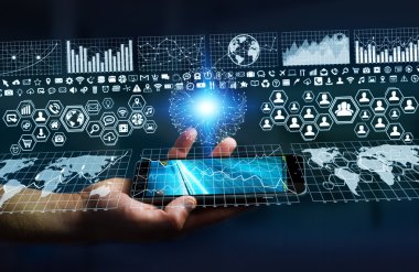 Dijital cep telefonu grafik arabirimini kullanarak iş adamı