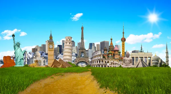 Famous monuments of the world surrounding green grass — Stock Photo, Image