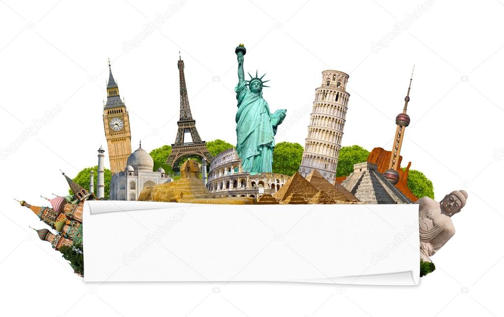 Famous monuments of the world with blank rolled paper