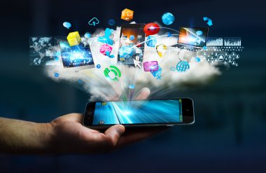 İşadamı teknik cihazlar ve simgeler uygulamaları e ile bağlı.