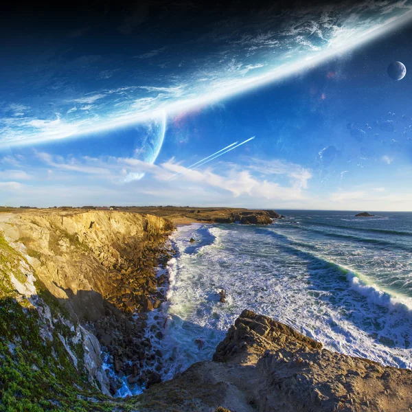 View of distant planet system from cliffs — Stock Photo, Image