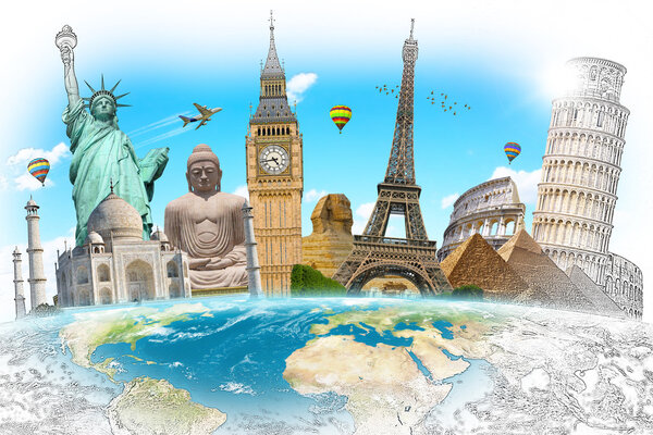 Famous landmarks of the world with hand-drawn effect