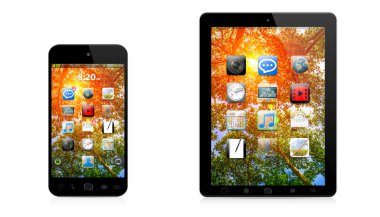 Modern dijital telefon ve beyaz zemin üzerine tablet