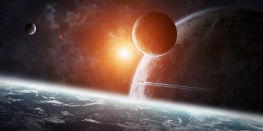 Grup gezegenlerin uzayda üzerinde gündoğumu