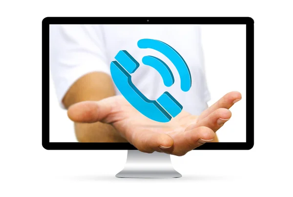 Businessman holding blue phone icon in his hand — Stock Photo, Image