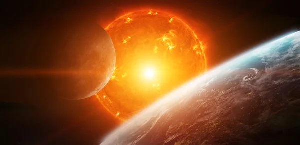 Exploding sun in space close to planet — Stock Photo, Image