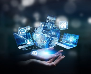 Teknik cihazlar ve dijital gezegen Dünya'ya bağlı simgeler