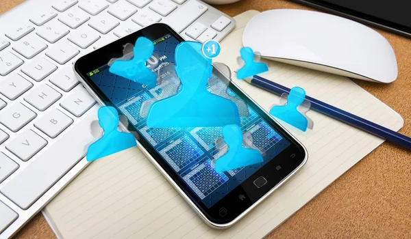Sociální sítě modrý avatar a mobilní telefon — Stock fotografie