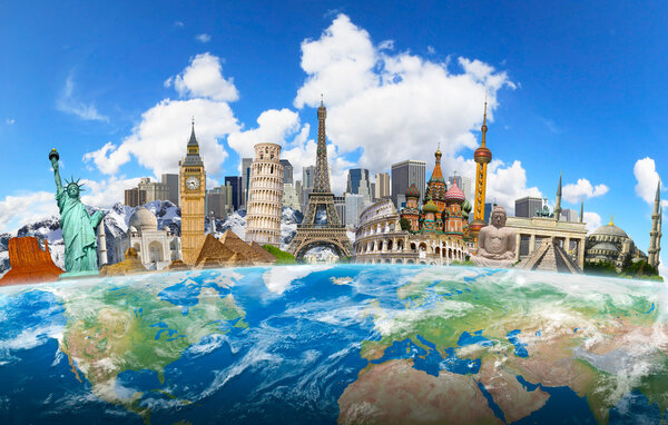 Famous landmarks of the world grouped together on planet Earth