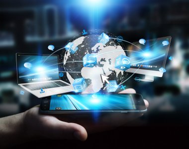 Teknik cihazlar ve dijital gezegen Dünya'ya bağlı simgeler