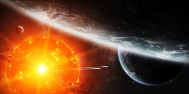 Exploding sun in space close to planet clipart