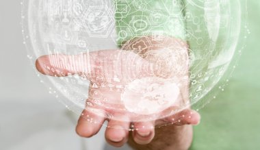 Eliyle dijital dokunsal dünya arabirimini kullanarak iş adamı