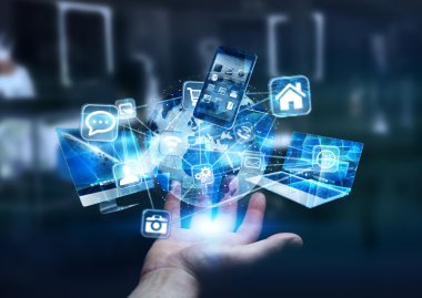 Teknik cihazlar ve dijital gezegen Dünya'ya bağlı simgeler