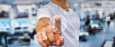 Elle çizilmiş Multimedya simgeler tutan işadamı