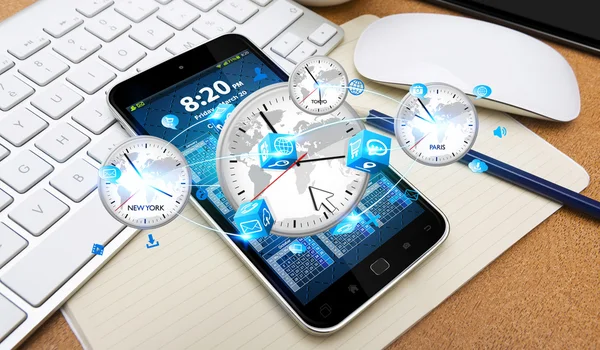 Modern mobile phone with clock icon — Stock Photo, Image
