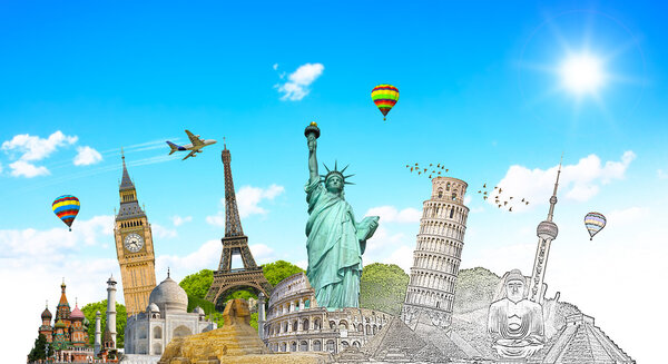 Famous landmarks of the world with hand-drawn effect