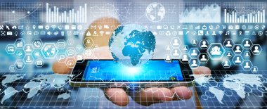 İşadamı dijital dokunmatik ekran grafikleri ile kullanma