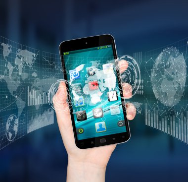 Dijital cep telefonu grafik arabirimini kullanarak iş kadını