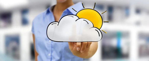 Zakenvrouw raken hand getrokken cloud en zon pictogrammen — Stockfoto