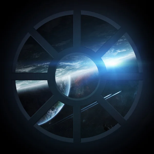 Blick ins All aus der Raumschiffkabine — Stockfoto