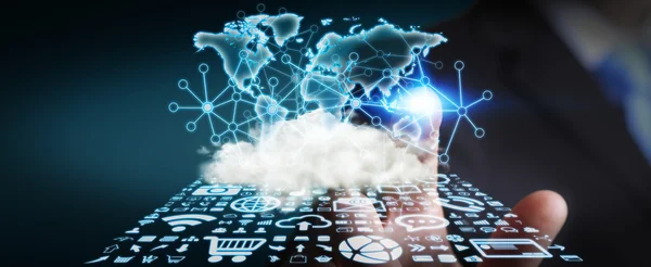 Zakenman bedrijf wereld en cloud — Stockfoto