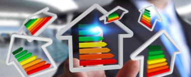 3D Eko ev ve enerji verimliliği tutan işadamı