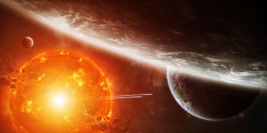 Exploding sun in space close to planet 'elements of this image furnished by NASA'