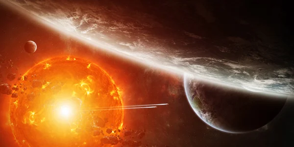 Exploding sun in space close to planet 'elements of this image furnished by NASA' — Stok fotoğraf