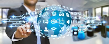 Dijital dünya ile web simgeleri kullanarak iş adamı