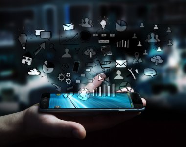 Elle çizilmiş web simgeler tutan işadamı