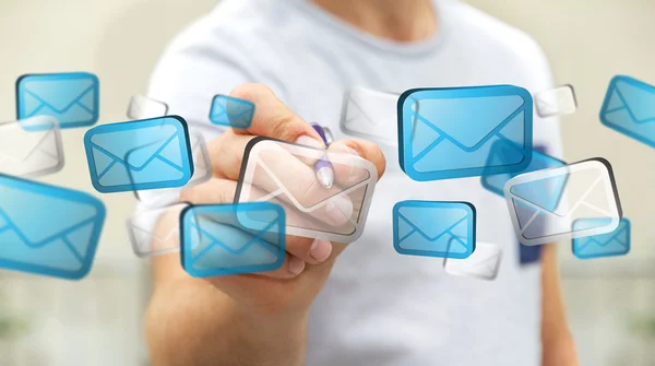 Uomo d'affari toccando icone e-mail digitali rendering 3D — Foto Stock